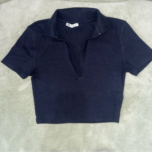 Zara Black Collared V- Neck Ribbed Cropped Cotton Top Short Sleeve Women Sz M - Picture 2 of 5